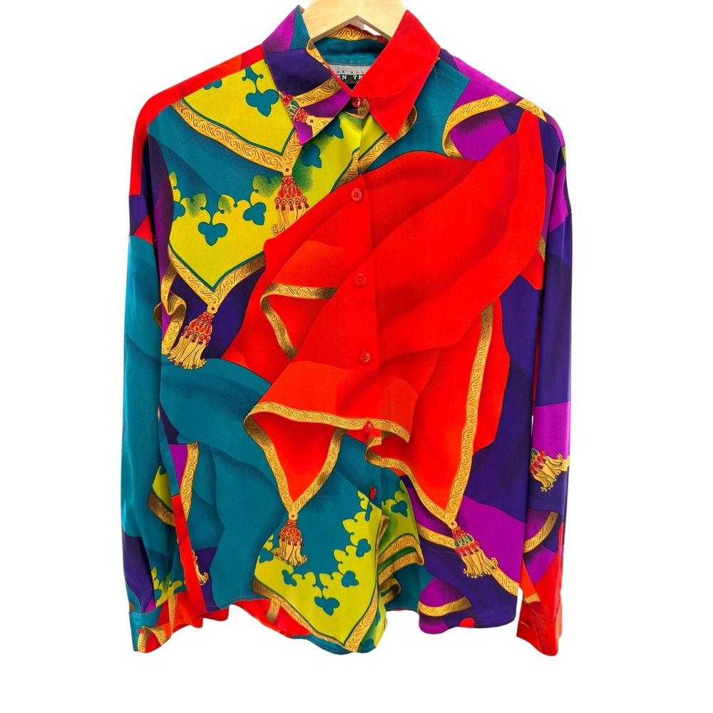 Linda Allard Ellen Tracy Silk Scarf Print Blouse Tassel Red Purple Vintage Sz 4